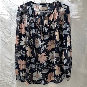 LOFT Navy Floral Sheer Blouse